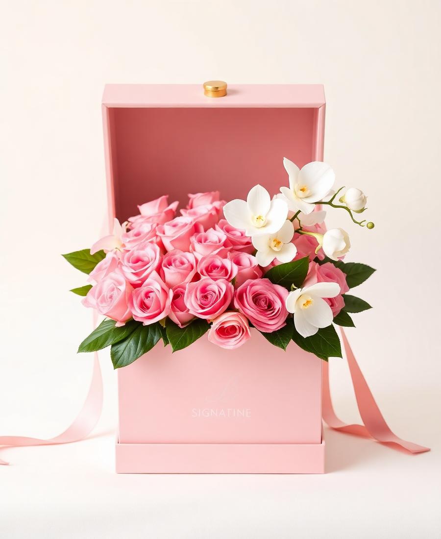 Caja negra con rosas amarillas y mini girasoles