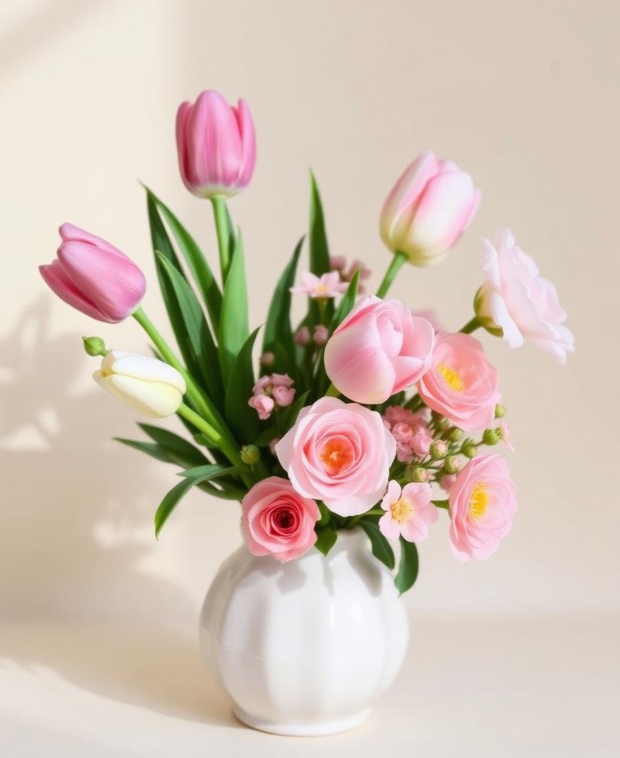 Arreglo alto de tulipanes y flores amarillas en jarrón cerámico