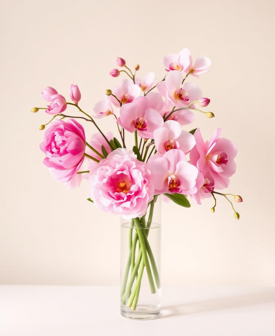 Jarrón de cristal con rosas amarillas y alstroemerias